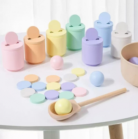 Jucarii din lemn si Montessori - Set Montessori din Lemn – Bile si Cupe Macaron Pastel