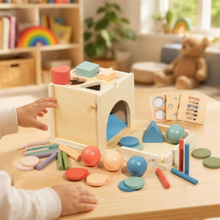 Set Montessori Lemn 4 in 1 Sortare Forme Culori Pegs Cuburi Copii [5]