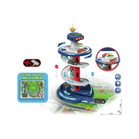 Jucarii - Set Parcare Auto Etajata cu Turn de Control Pista Circulara Rotativa, Lumini si Sunete