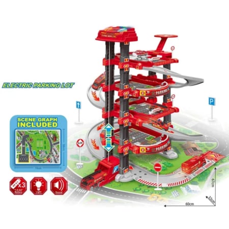 Jucarii - Set Parcare Pompieri Etajata cu Covor de Joaca Lift Interactiv, Lumini si Sunete