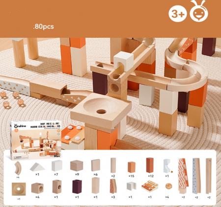 Jucarii din lemn si Montessori - Set Piste cu Bile din Lemn – 80 piese pentru constructii creative