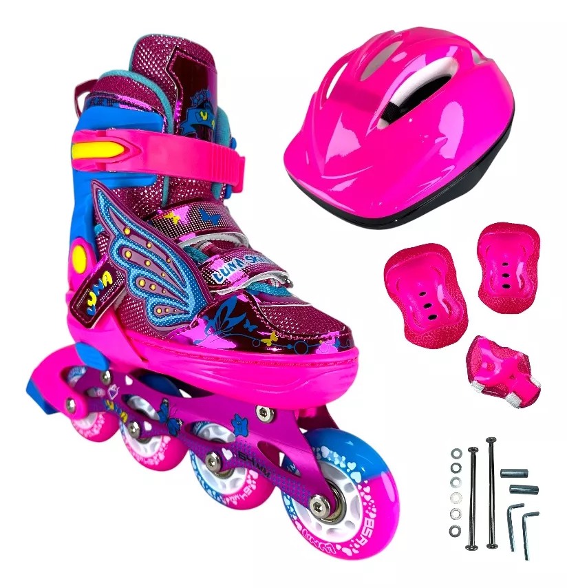 Role si echipament protectie role - Set Role Copii 2 in 1 Convertibile – Patine Quad si Inline Fucsia cu Protectii 30-34