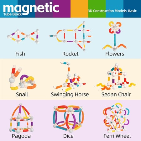 Set STEM magnetic 45 piese, bile si tuburi flexibile colorate, jucarie educativa [3]
