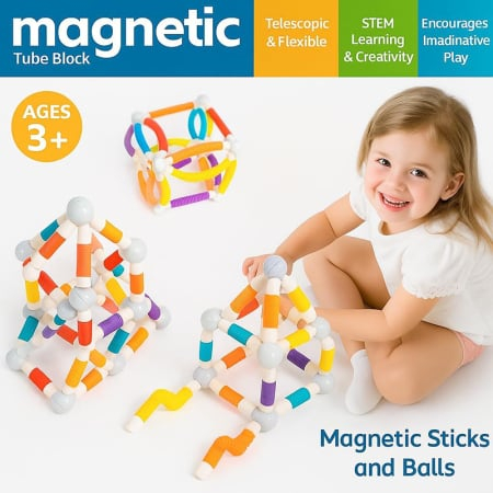 Set STEM magnetic 57 piese, bile si tuburi flexibile colorate, jucarie educativa [1]