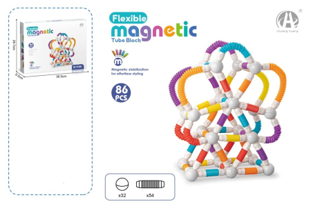 Jucarii Copii - Set STEM magnetic 86 piese, bile si tuburi flexibile colorate, jucarie educativa