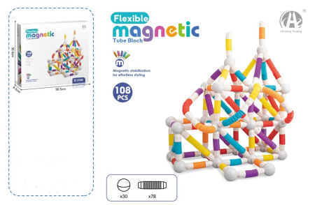 Jucarii Copii - Set STEM magnetic 108 piese, bile si tuburi flexibile colorate, jucarie educativa