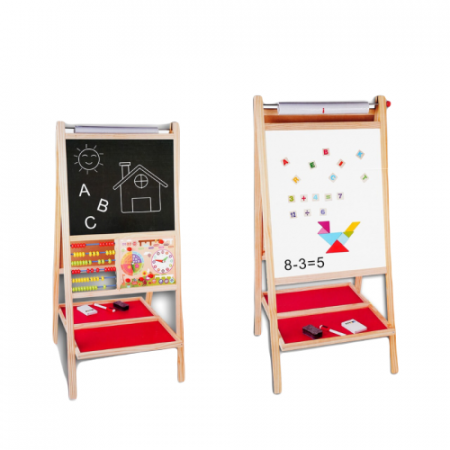 Table educative (3 ani +) - Tabla Magnetica Multifunctionala Lemn – Sevalet Educational 2 in 1 cu Rola Hartie, Abac, Ceas, Litere si Cifre