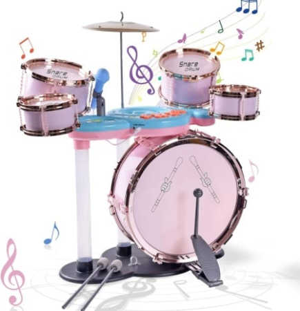 Jucarii - Set Tobe de Jazz Pentru Copii cu Microfon, Cinel, Pedala si Scaunel Roz