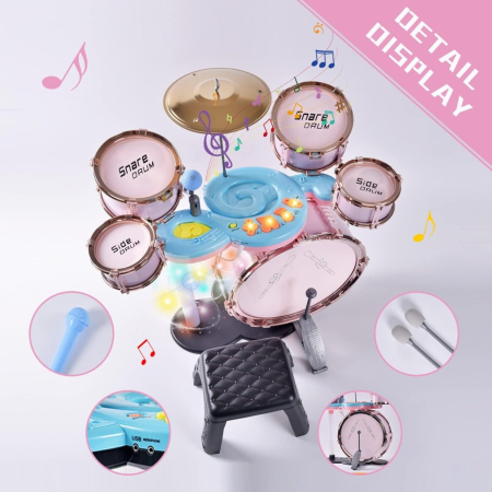 Set Tobe de Jazz Pentru Copii cu Microfon, Cinel, Pedala si Scaunel Roz [1]