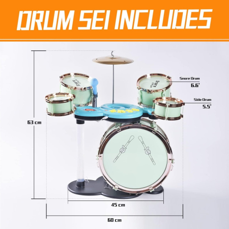 Set Tobe de Jazz Pentru Copii cu Microfon, Cinel, Pedala si Scaunel Verde [1]