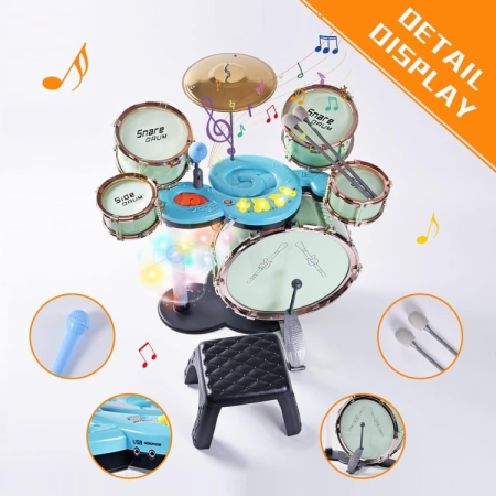 Set Tobe de Jazz Pentru Copii cu Microfon, Cinel, Pedala si Scaunel Verde [3]