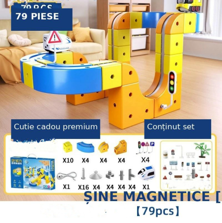 Masinute & Trenulete  (3 ani+) - Set Trenulet Electric cu Pista Magnetica 3D – 79 Piese, Circuit Anti-Gravitational