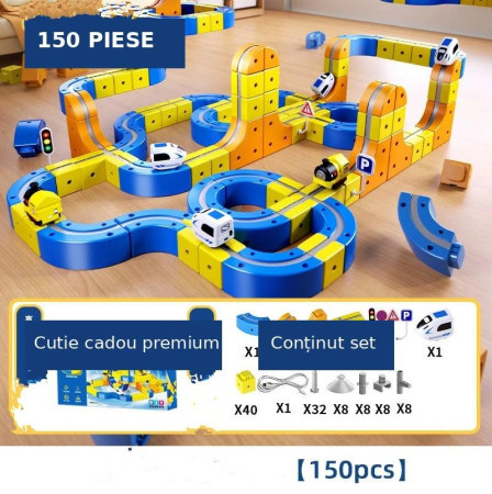 Masinute & Trenulete  (3 ani+) - Set Trenulet Electric cu Pista Magnetica 3D – 150 Piese, Circuit Anti-Gravitational