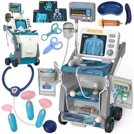 Set scule - Truse doctor copii ( 3 ani +) - Set Medical Carucior Doctor Stetoscop ECG cu Raze X – 16 Piese