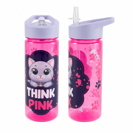 Accesorii de Scoala - Sticla Apa 600 ml, cu Pai, Think Pink, Model Pisicuta