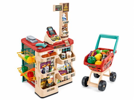Bucatarii  de Jucarie(3 Ani+) - Supermarket Jucarie 48 Piese cu Carucior, Scanner, POS, Casa Marcat