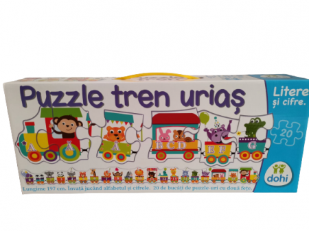 Jucarii din lemn si Montessori - Puzzle Jumbo de Podea cu 2 Fete Trenul cu Cifre si Litere