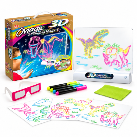 Accesorii de Scoala - Tableta Desen 3D Magic, Lumina, Ochelari, Sabloane Dinozauri