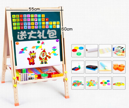 Jucarii din lemn si Montessori - Tabla din Lemn Magnetica 2 in 1 Ajustabila cu Accesorii Educationale150 cm