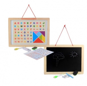 Table educative (3 ani +) - Tabla Magnetica din Lemn 4 in 1 cu Cifre, Litere si Tangram cu Snur de Agatat