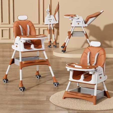 Scaun masa copii - Scaun de masa 2in1 bebe, reglabil si pliabil, piele PU, roti cu frana, Maro