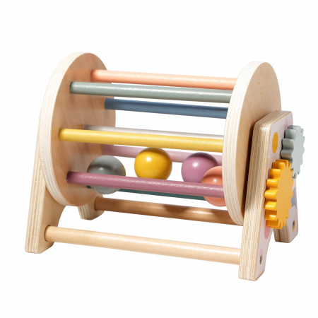 Jocuri educative (3 ani +) - Tambur Rotativ din Lemn cu Bile si Roti Zimtate – Jucarie Senzoriala 3 in 1 Montessori