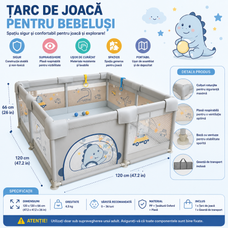 Tarc de Joaca Dinozaur pentru Bebelusi cu Bile Incluse Jumbo 120 x 180 cm [1]