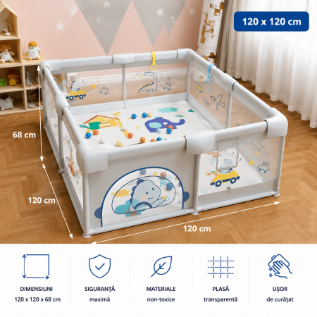 Tarc de Joaca pentru Copii Dinozaur cu 60 de Bile – 120x120x65 cm, Plasa Transparenta si Cadru din metal [1]