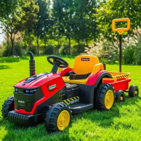 Masinute electrice 12V - Tractor Electric Copii 12V cu Remorca, Telecomanda, 3 in 1 Rosu
