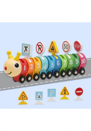 Masinute si Trenulete (3 ani+) - Tren din Lemn Omida colorata cu Cifre si semne de circulatie