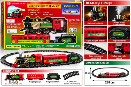 Masinute & Trenulete  (3 ani+) - Trenulet Electric cu Aburi Western Express, 11 Piese, Circuit