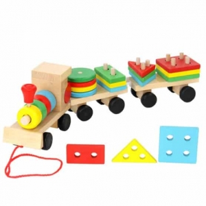 Jucarii din lemn si Montessori - Trenulet  din Lemn cu Forme Geometrice - Tren din lemn Sortator