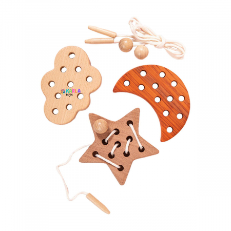 Jocuri educative (3 ani +) - Set Joc din Lemn Montessori de Snuruit Natur Frunze Luna Stea Nor