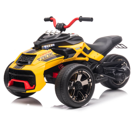 Masinute electrice - Trike Electric pentru Copii, 12V, 2 Motoare, Roti EVA, MP3 Bluetooth, Suspensii Spate Galben