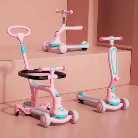 Trotinete - Trotineta 3 in 1 Cu Lumini si maner de impins Roz