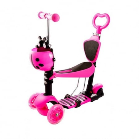 Trotineta Buburuza 5 in 1 cu Maner de Impins si lumini roz [2]