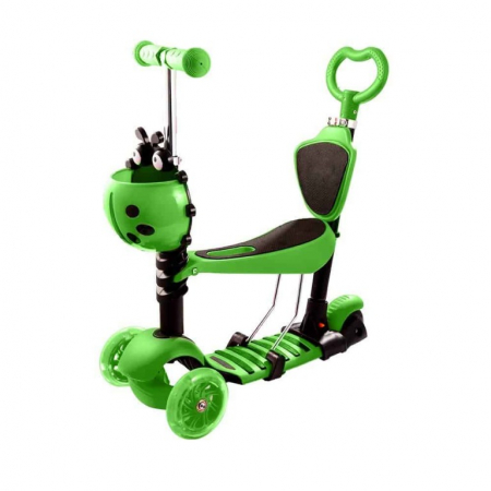 Trotinete - Trotineta Buburuza 5 in 1 cu Maner de Impins si lumini Verde