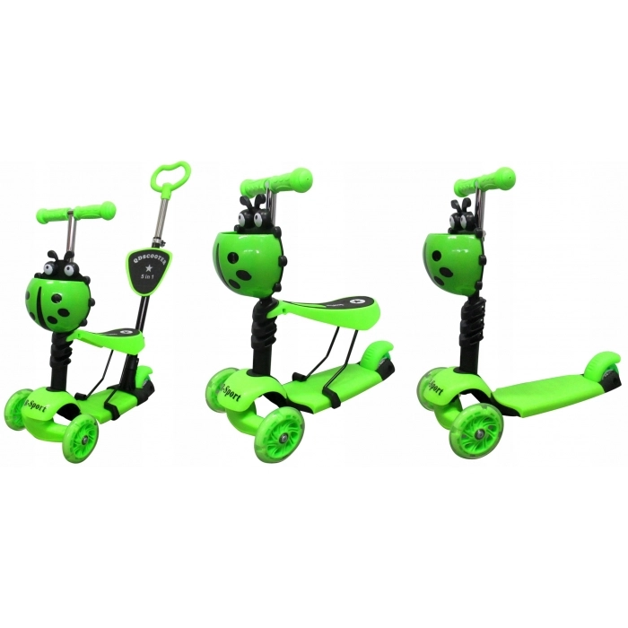 Trotineta Buburuza 5 in 1 cu Maner de Impins si lumini Verde [1]