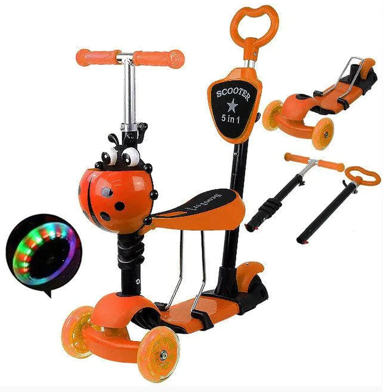 Articole si jucarii exterior - Trotineta Buburuza 5 in 1 cu Maner de Impins si lumini Portocaliu