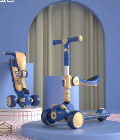 Trotinete - Trotineta Copii 2 in 1 Scooter cu 3 roti Pliabila  Lumini si Sunete Porcusor Albastru