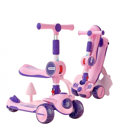 Articole si jucarii exterior - Trotineta Copii 2 in 1 Scooter cu 3 roti Pliabila  Lumini si sunete Roz