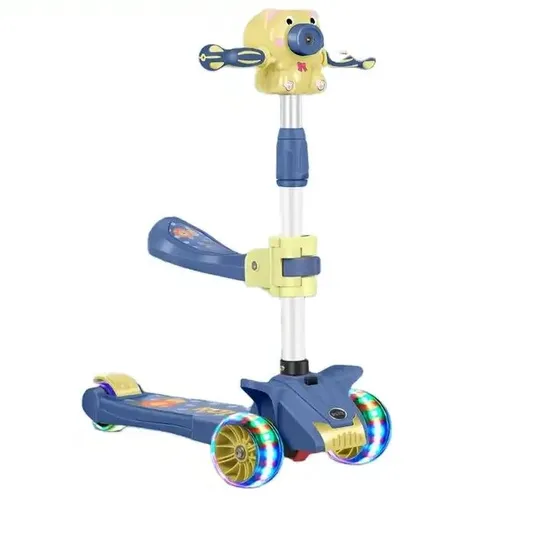 Jucarii exterior - Trotineta pliabila copii cu 3 roti, muzica, baloane, scaun detasabil si roti LED Albastru