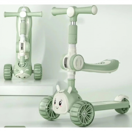 Trotinete - Trotineta Scooter Pliabila 3 in 1 cu Lumina - Trotineta 3 Roti cu Scaunel Verde