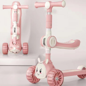 Trotinete - Trotineta Scooter Pliabila 3 in 1 cu Lumina - Trotineta 3 Roti cu Scaunel Roz