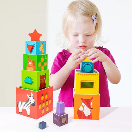 Turn de Stivuire Montessori din Lemn – Cuburi Logice, Cifre si Forme Geometrice [3]