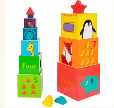 Jucarii din lemn si Montessori - Turn de Stivuire Montessori din Lemn – Cuburi Logice, Cifre si Forme Geometrice