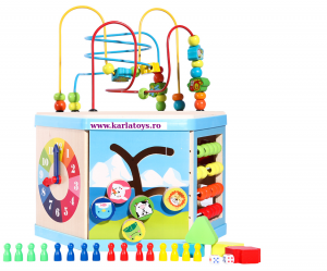 Cuburi din lemn (18 Luni +) - Cub Hexagonal Multifunctional din Lemn 8 in 1 cu Joc de Societate cu Pioni
