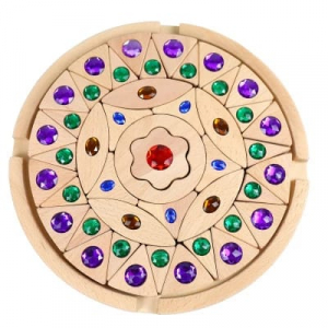 Jucarii din lemn si Montessori - Joc puzzle din lemn cu tava Mandala cu pietre sclipitoare