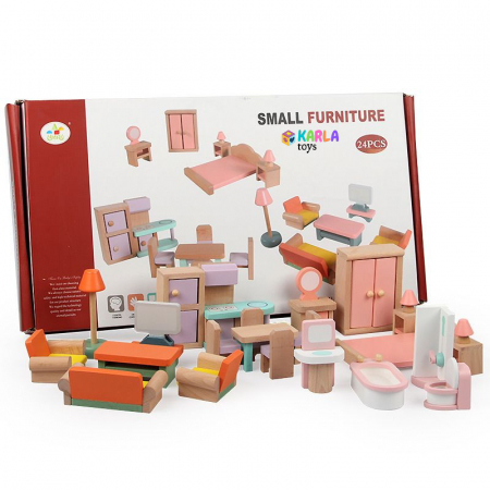 Papusi -Casute- Masute infrumusetare ( 3 ani +) - Set Mobilier Casa de Papusi din Lemn