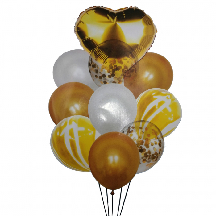 Buchet 10 baloane din latex cu confetti Gold Heart [1]